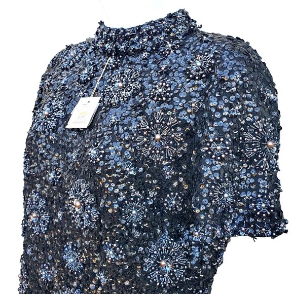 Vintage 1960s Black Hand Beaded NWT Sequined Wool Top 10 Made in Hong Kong NOS - Picture 4 of 12